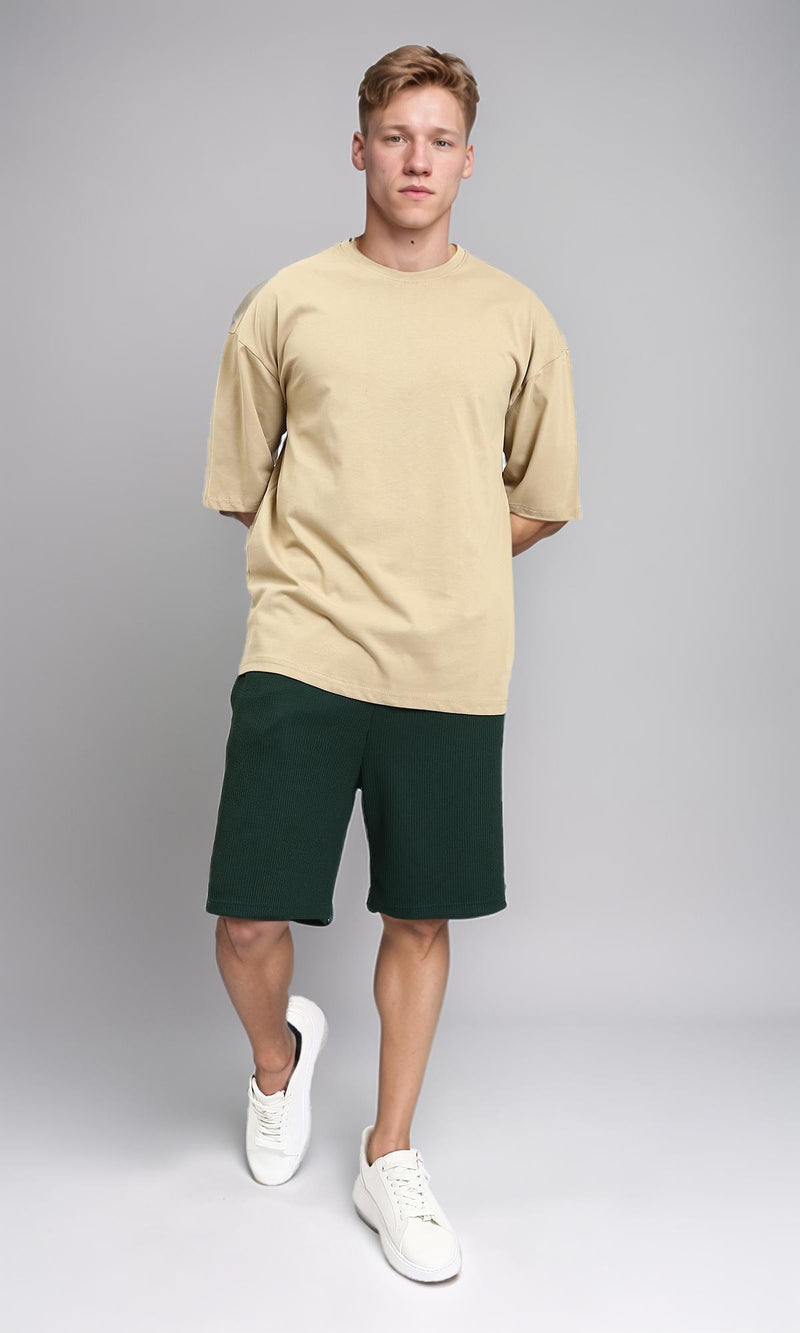 R215864 - Crew Neck Solid Elbow Sleeves Tee - Dark Beige