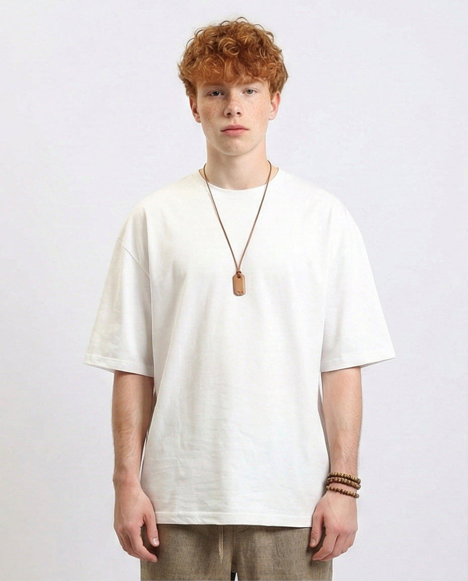 Elbow-Sleeves Cotton Relaxed Basic Tee - White