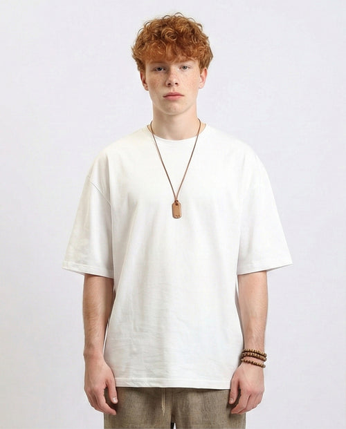 Elbow-Sleeves Cotton Relaxed Basic Tee - White