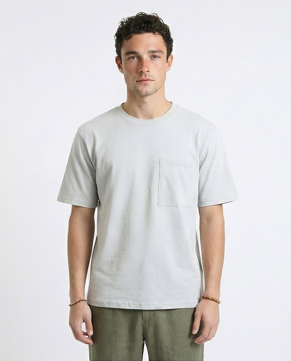 Solid Basic Tee with Front Pocket - Light Grey