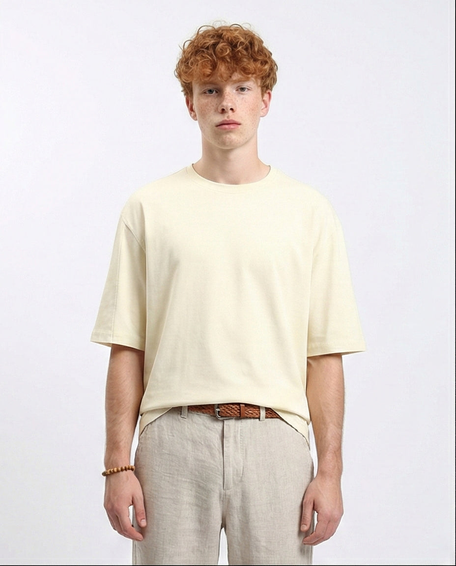 Comfy Elbow-Sleeves Cotton Tee - Light Beige