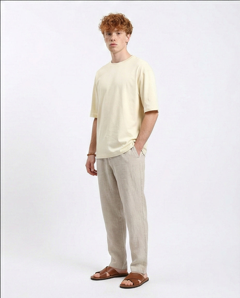 R215876 - Comfy Elbow-Sleeves Cotton Tee - Light Beige