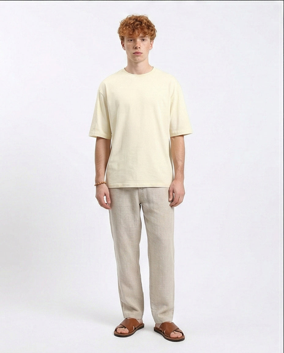 R215876 - Comfy Elbow-Sleeves Cotton Tee - Light Beige