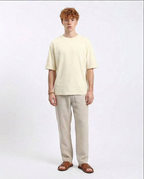 R215876 - Comfy Elbow-Sleeves Cotton Tee - Light Beige