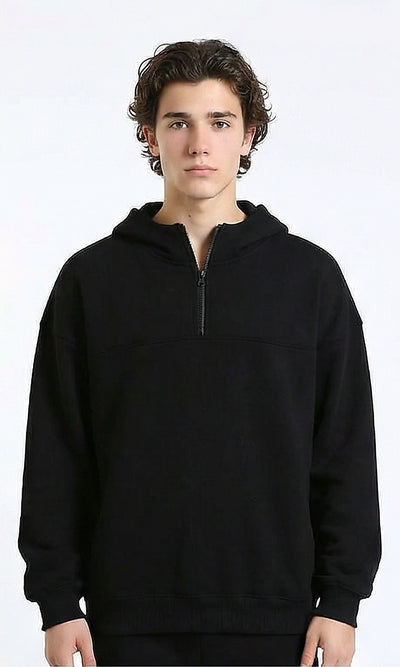 Zipped Hooded Neck Solid Hoodie - Black