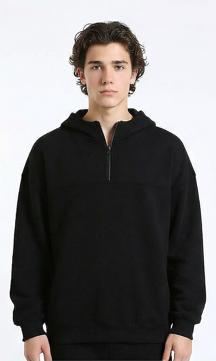 Zipped Hooded Neck Solid Hoodie - Black