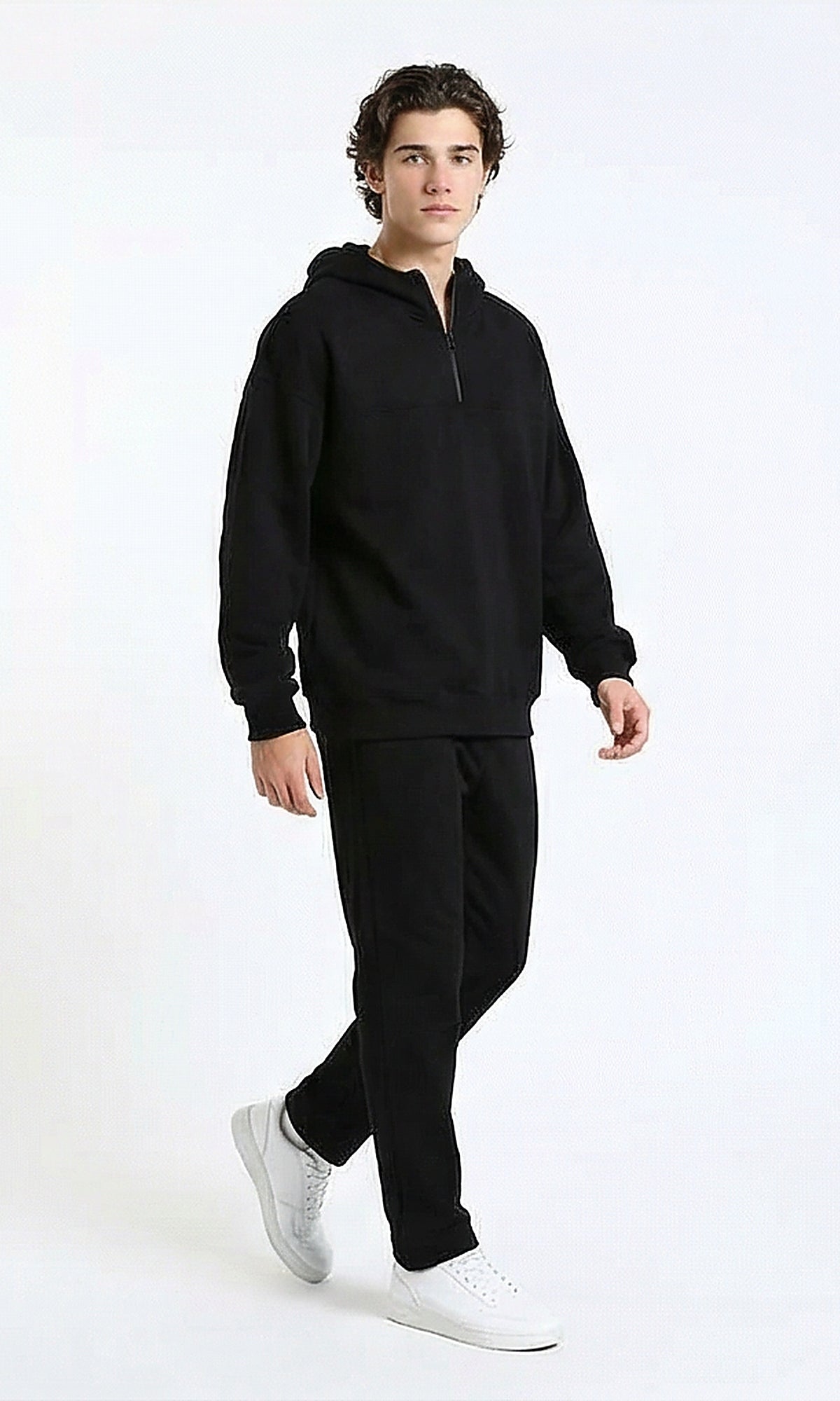 R215920 - Zipped Hooded Neck Solid Hoodie - Black