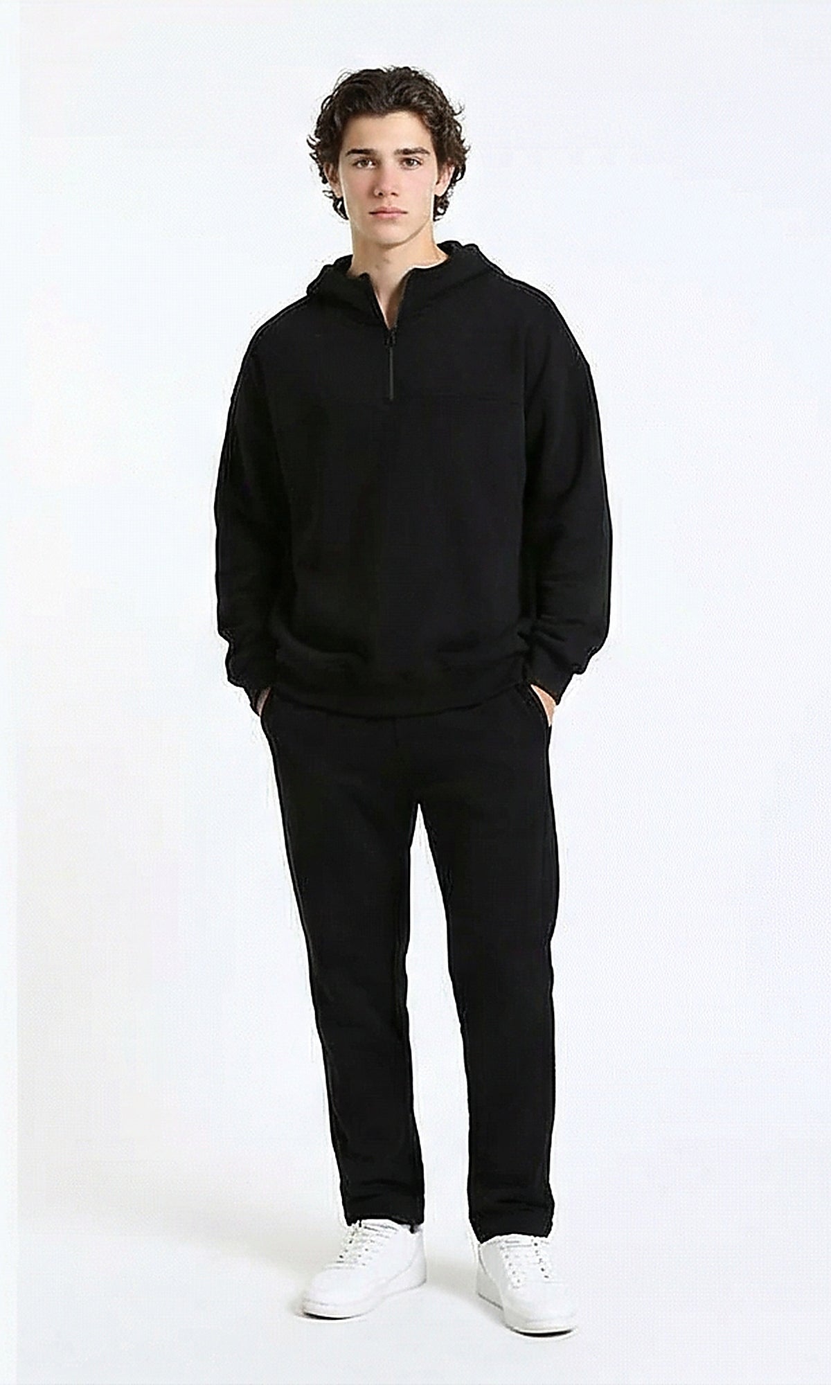 R215920 - Zipped Hooded Neck Solid Hoodie - Black
