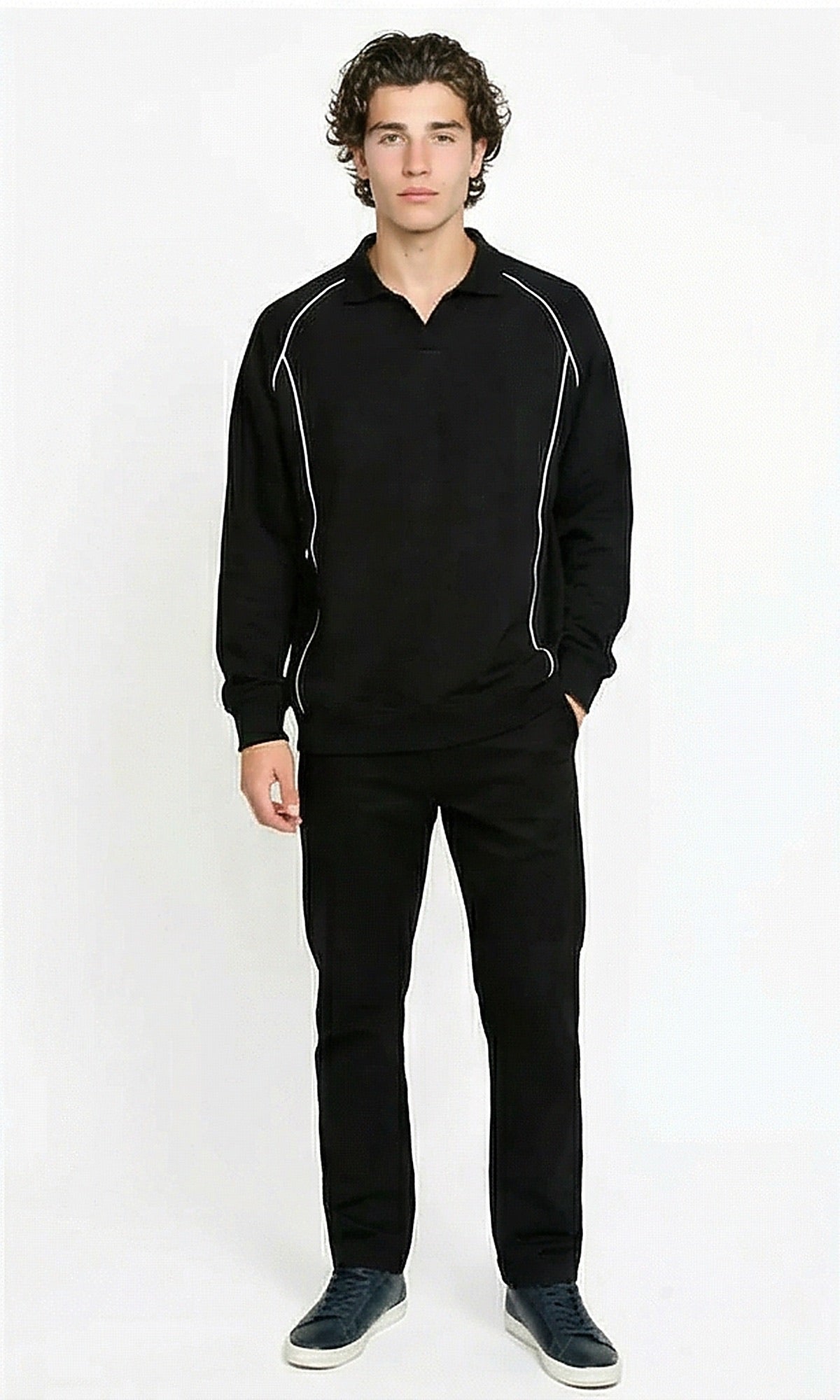 Black Piping Detail Polo Sweatshirt