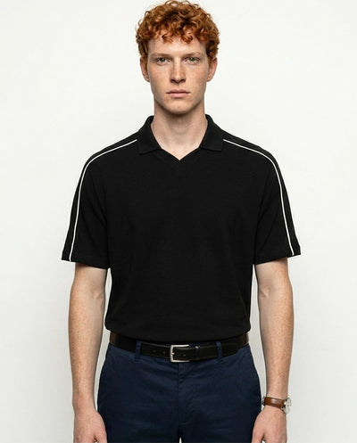 Men's Contrast Piping V-Neck Polo - Black - R215951