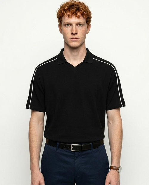 Men's Contrast Piping V-Neck Polo - Black - R215951