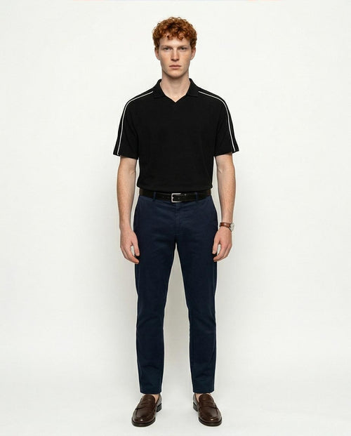 Men's Contrast Piping V-Neck Polo - Black - R215951