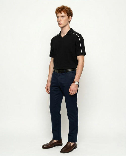 Men's Contrast Piping V-Neck Polo - Black - R215951