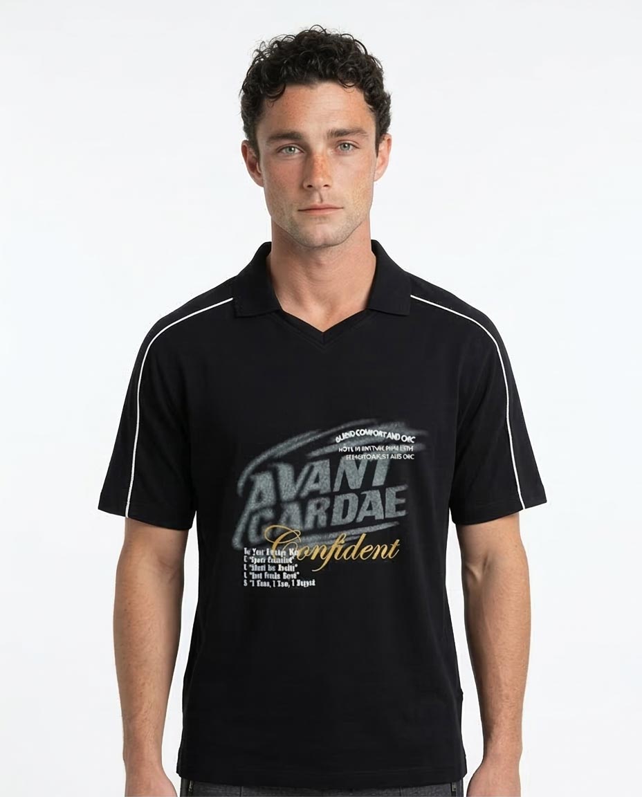 Man wearing a black polo shirt with 'Avant Garde' text on a white background