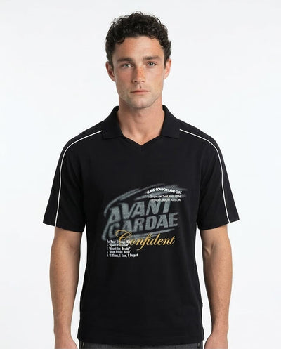 Man wearing a black polo shirt with 'Avant Garde' text on a white background