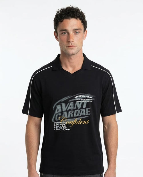 Man wearing a black polo shirt with 'Avant Garde' text on a white background