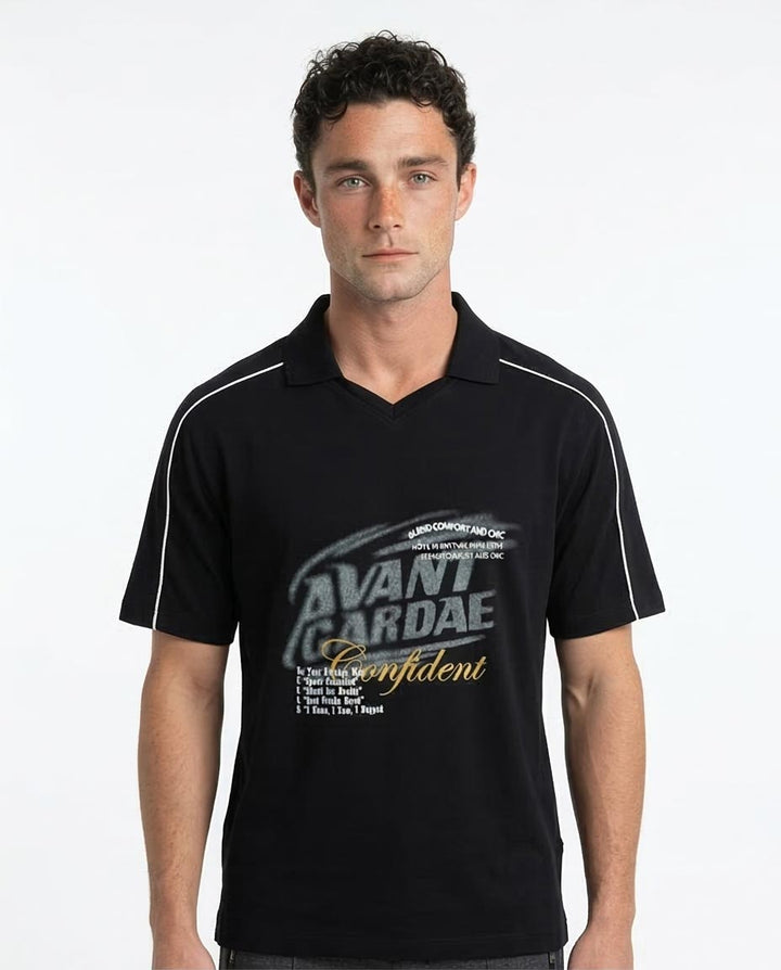 Man wearing a black polo shirt with 'Avant Garde' text on a white background