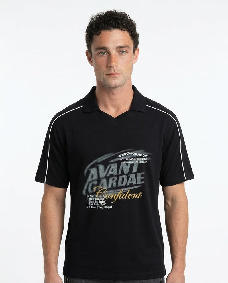 Man wearing a black polo shirt with 'Avant Garde' text on a white background