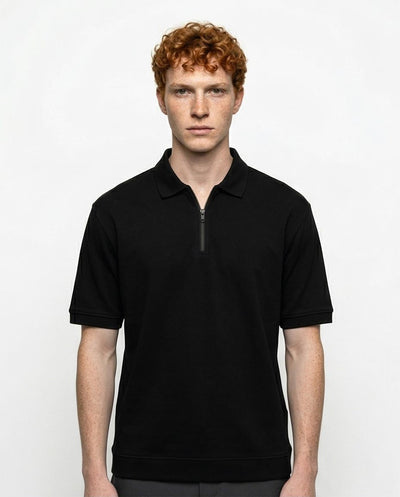 Ravin Quarter-Zip Polo Shirt with Ribbed Cuffs in Black - R215956