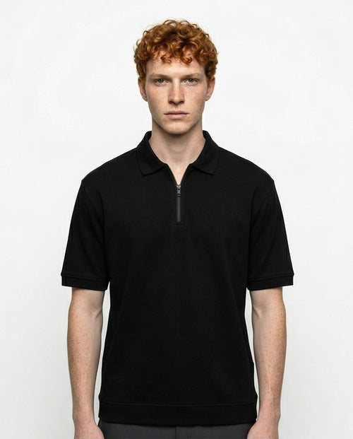 Ravin Quarter-Zip Polo Shirt with Ribbed Cuffs in Black - R215956