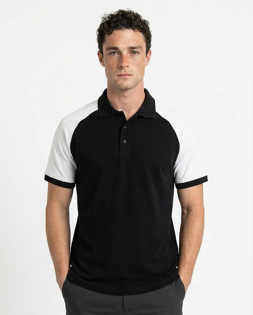Ravin Men's Raglan Contrast Sleeve Polo Shirt - Black & White - R215957