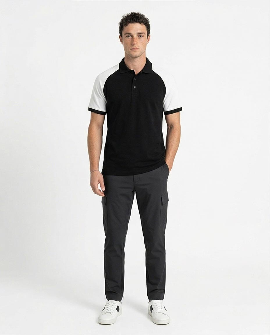 Ravin Men's Raglan Contrast Sleeve Polo Shirt - Black & White - R215957