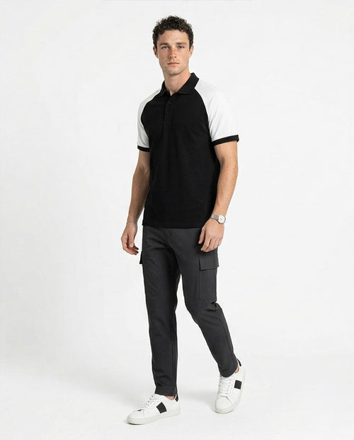 Ravin Men's Raglan Contrast Sleeve Polo Shirt - Black & White - R215957