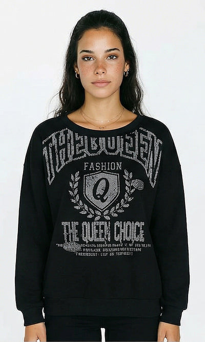 Printed "the Queen" Long Sleeves Sweatshirt - Black