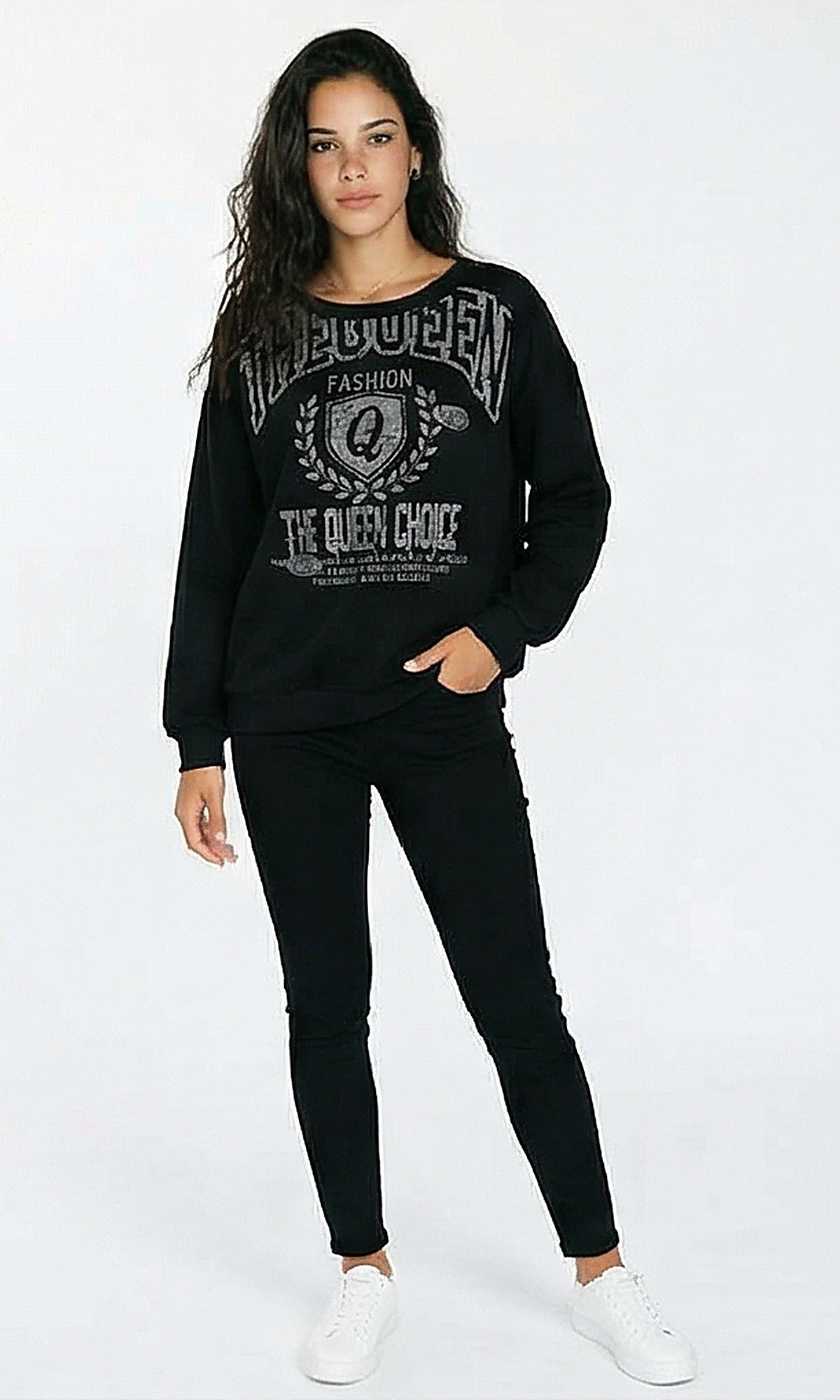 R215958 - Printed "The Queen" Long Sleeves Sweatshirt - Black