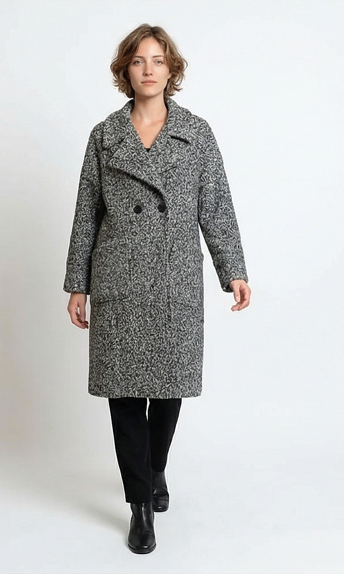 Textured Double-Breasted Winter Coat in Heather Grey