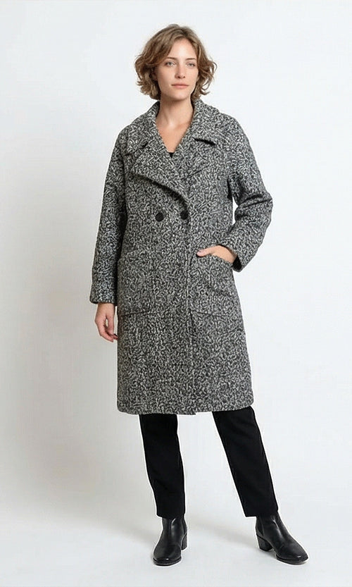 Textured Double-Breasted Winter Coat in Heather Grey