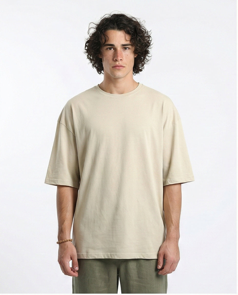 Solid Crew Neck Relaxed Fit Tee - Light Beige