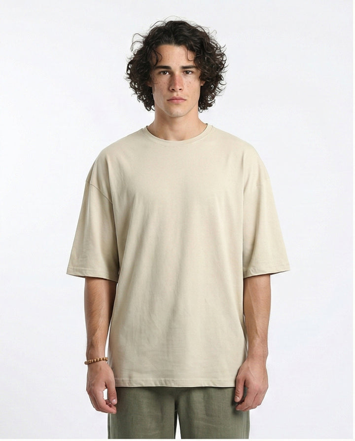 Solid Crew Neck Relaxed Fit Tee - Light Beige