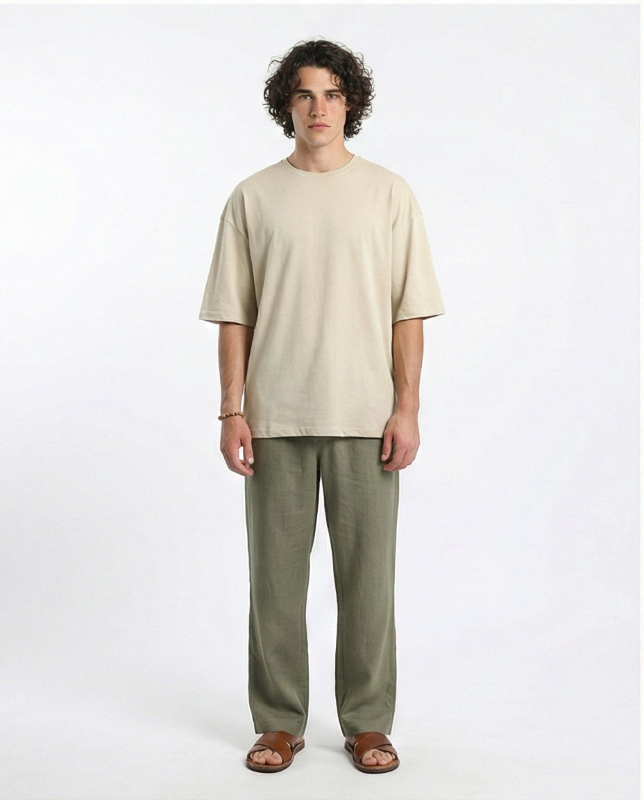 R216111 - Solid Crew Neck Relaxed Fit Tee - Light Beige