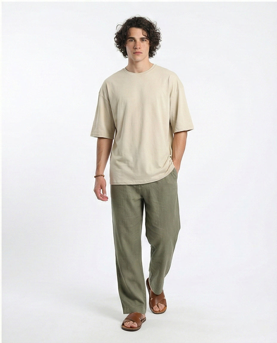 R216111 - Solid Crew Neck Relaxed Fit Tee - Light Beige