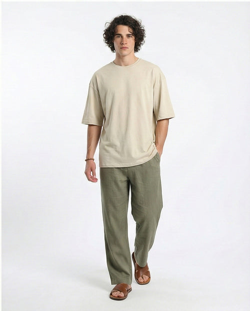 R216111 - Solid Crew Neck Relaxed Fit Tee - Light Beige