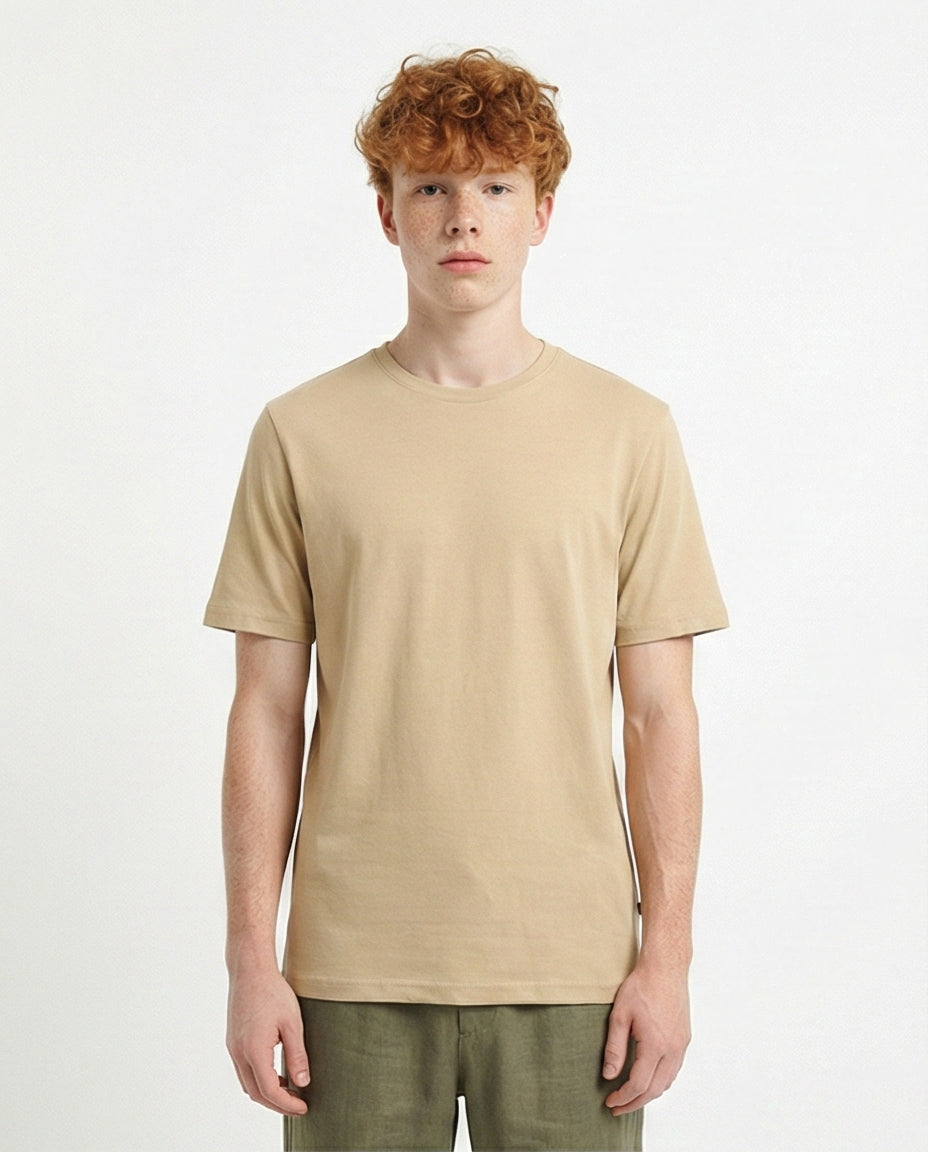 Solid Crew Neck Relaxed Fit Tee - Dark Beige