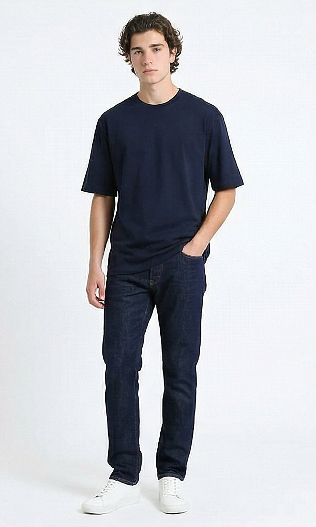 R216116 - Elbow Sleeves Solid Regular Fit Tee - Navy Blue