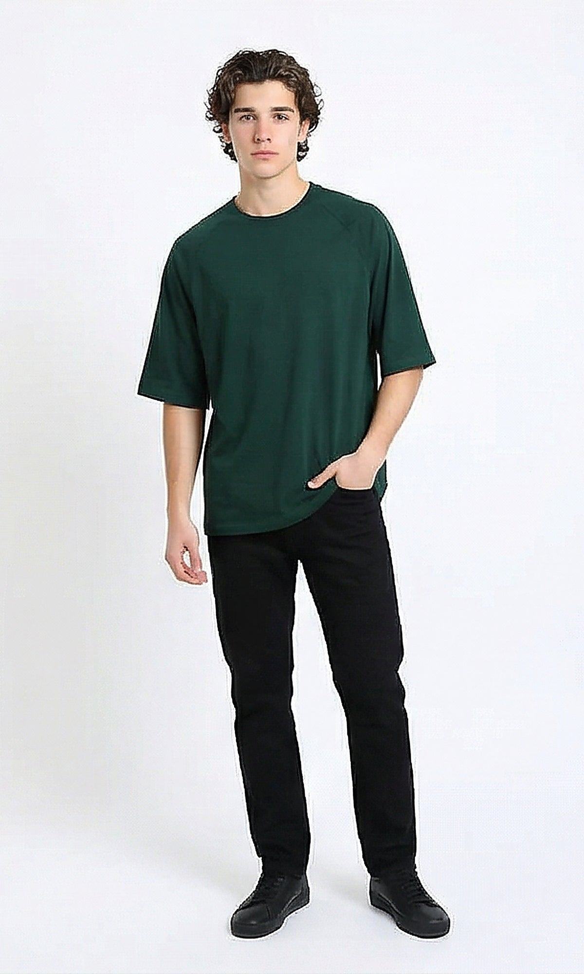 R216120 - Slip On Elbow Sleeves Basic Tee - Dark Green