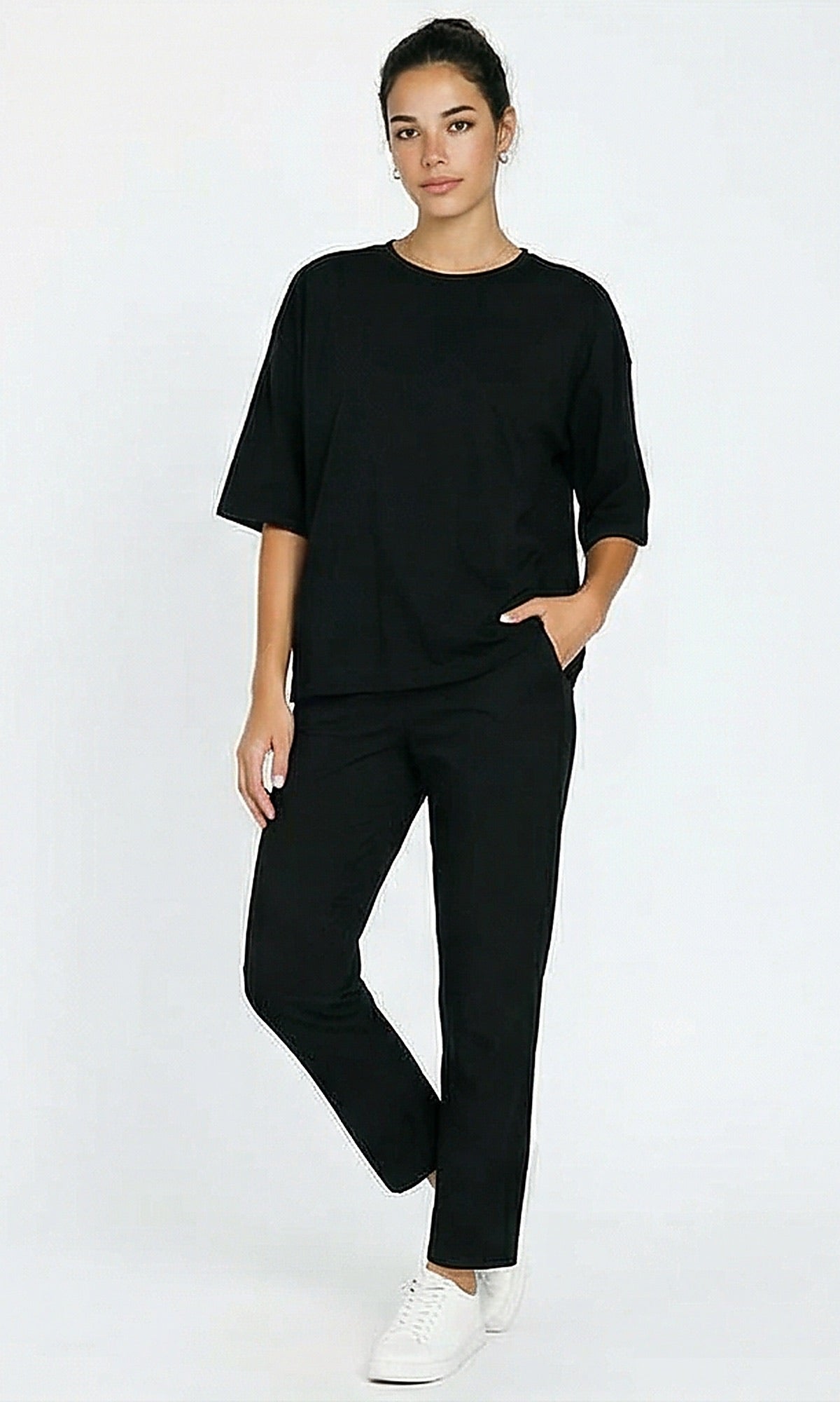 R216135 - Slip On Solid Elbow Sleeve Tee - Black