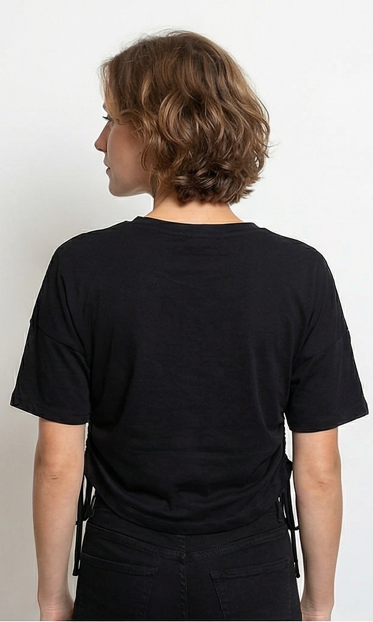 Black Side-Cinch Adjustable Hem Short Sleeve Tee - R216141