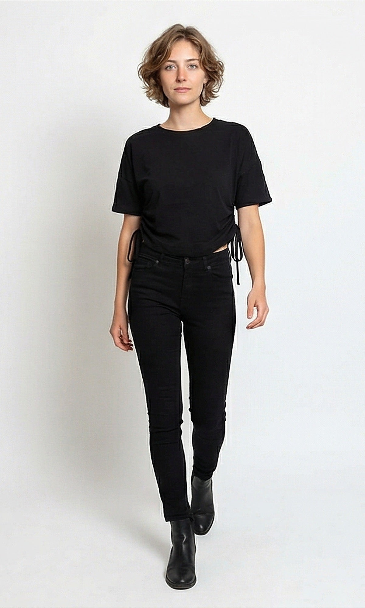 Black Side-Cinch Adjustable Hem Short Sleeve Tee - R216141