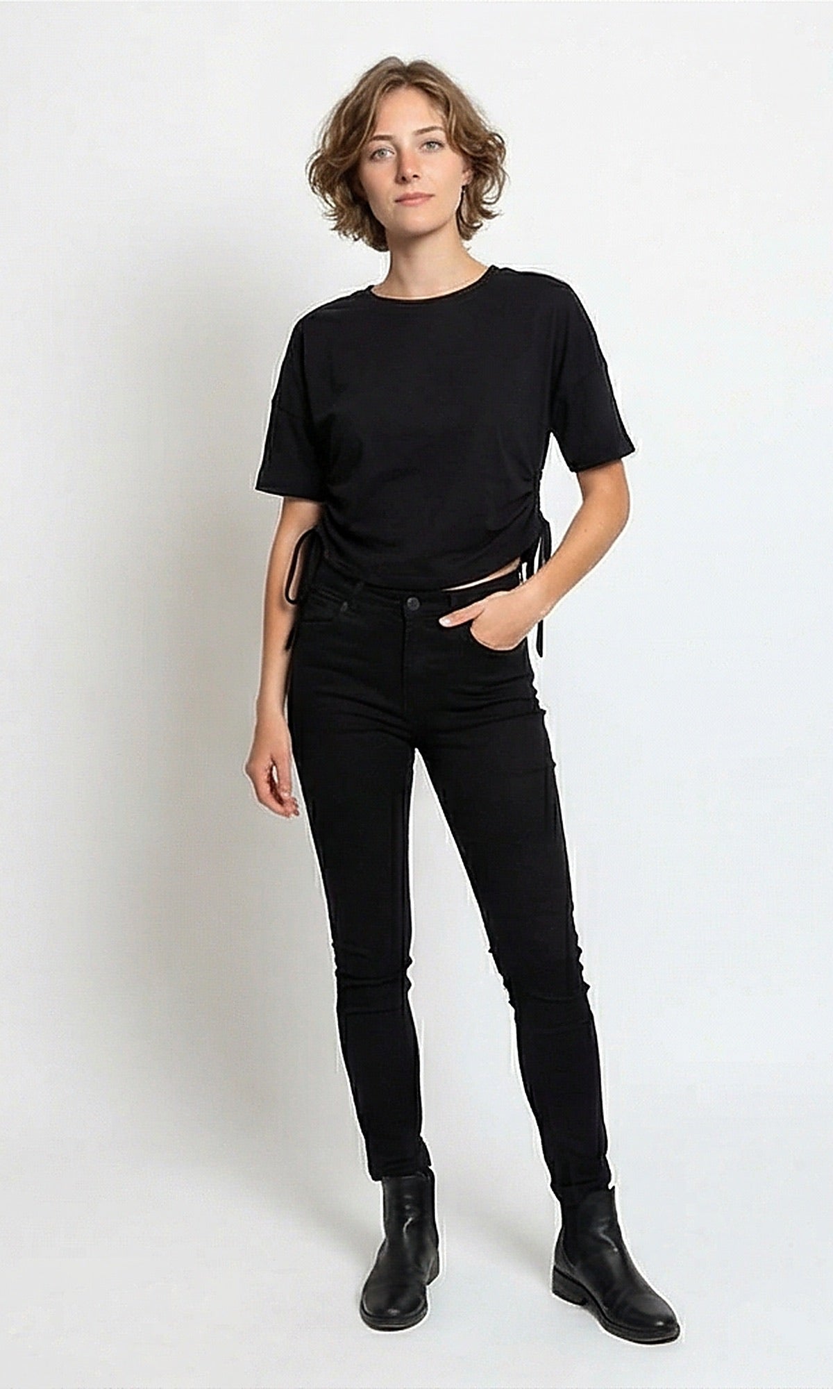 Black Side-Cinch Adjustable Hem Short Sleeve Tee - R216141