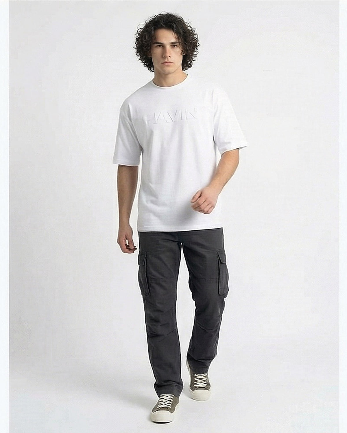 White Tonal Embossed Relaxed Fit Tee - R216291