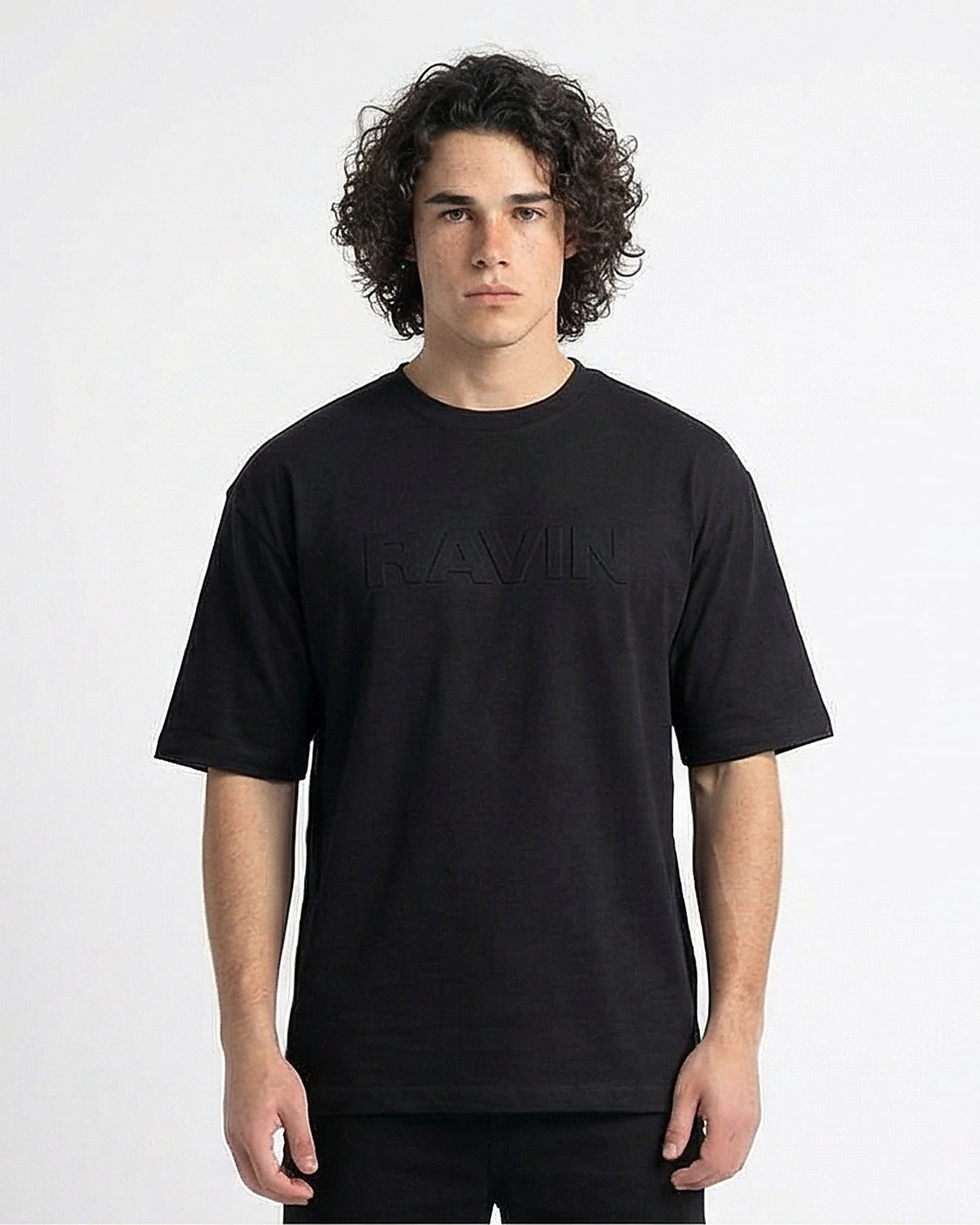 Men's Black Tonal Embossed Relaxed Fit T-Shirt - R216292