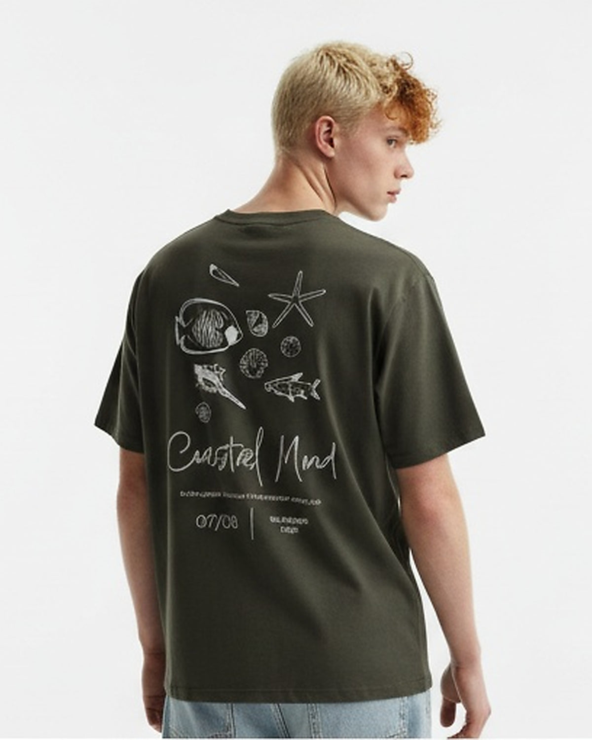 Olive Green Coastal Mood Graphic Back Print T-Shirt - R216295
