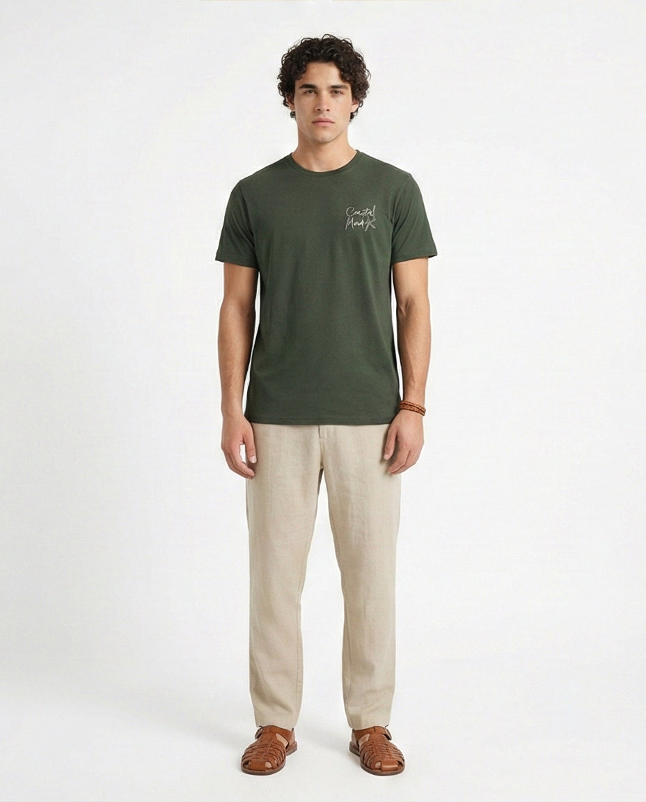 Olive Green Coastal Mood Graphic Back Print T-Shirt - R216295