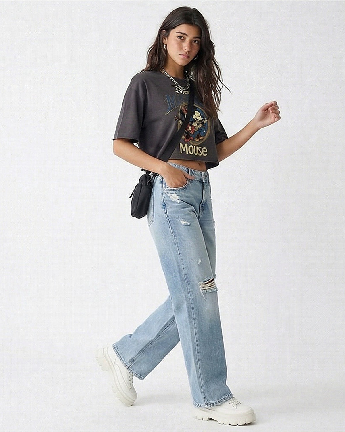 Charcoal Disney Mickey Mouse Graphic Cropped Tee - R216297