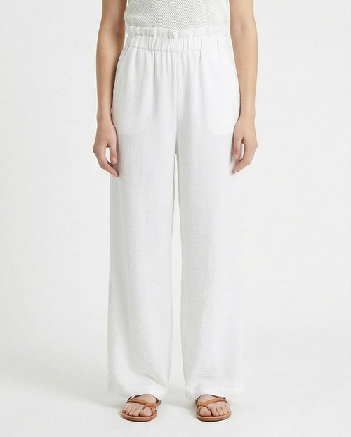 Women's Paperbag High-Waist Wide Leg Linen Trousers - Crisp White