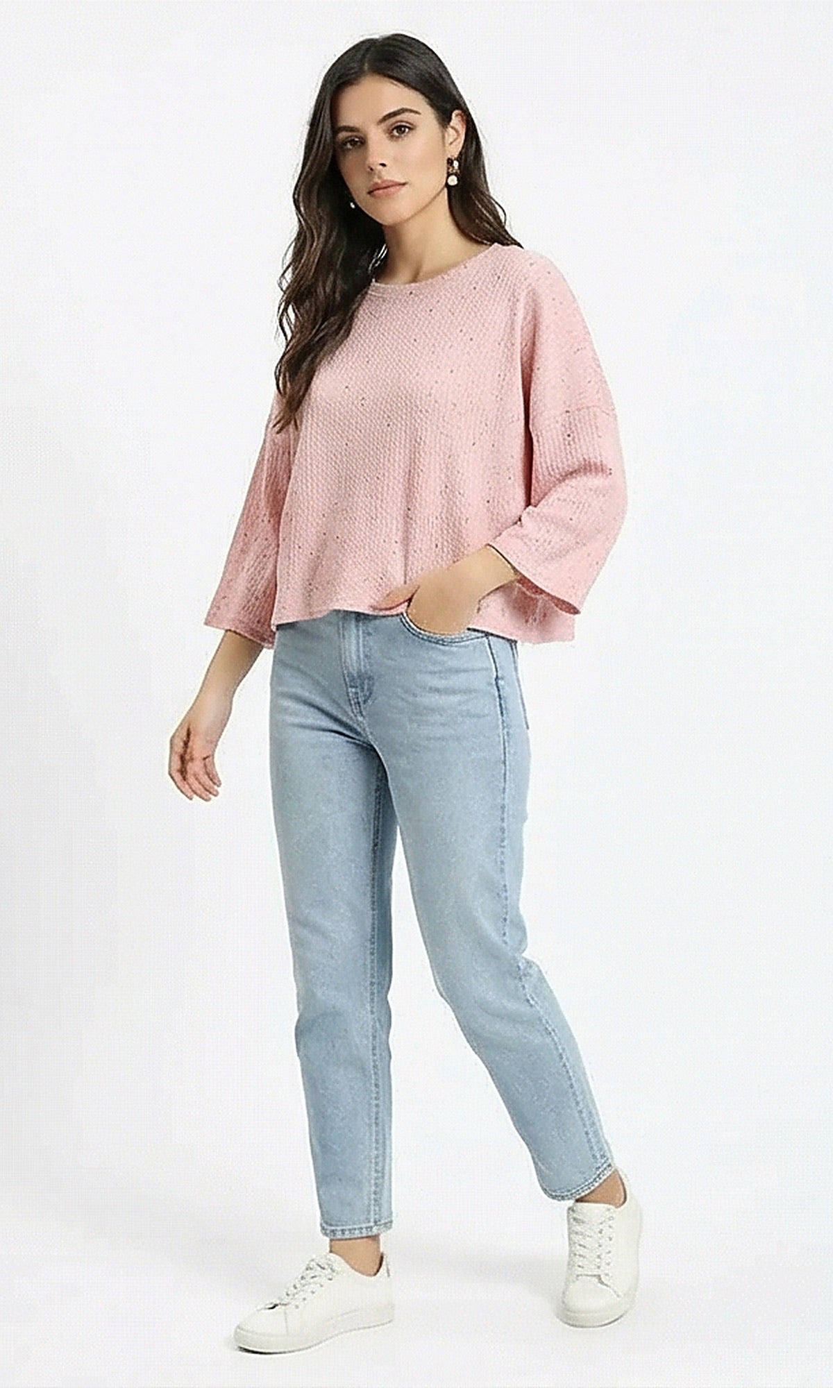 Textured Speckled Boxy Knit Top - Dusty Pink
